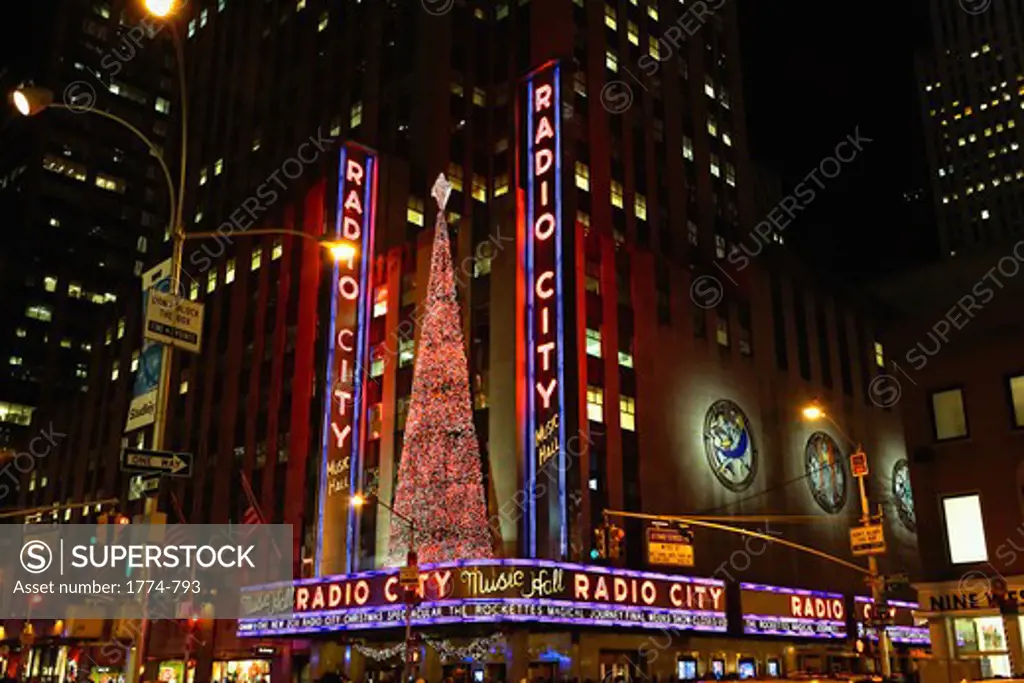 USA, New York State, New York City, Entrance View of Radio City Music Hall with Christmas Decoration