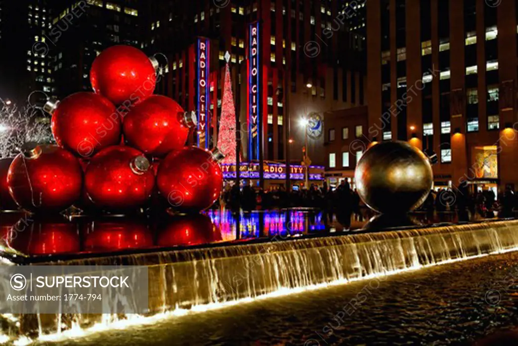 USA, New York State, New York City, Radio City Music Hall Night View with Christmas Decorations