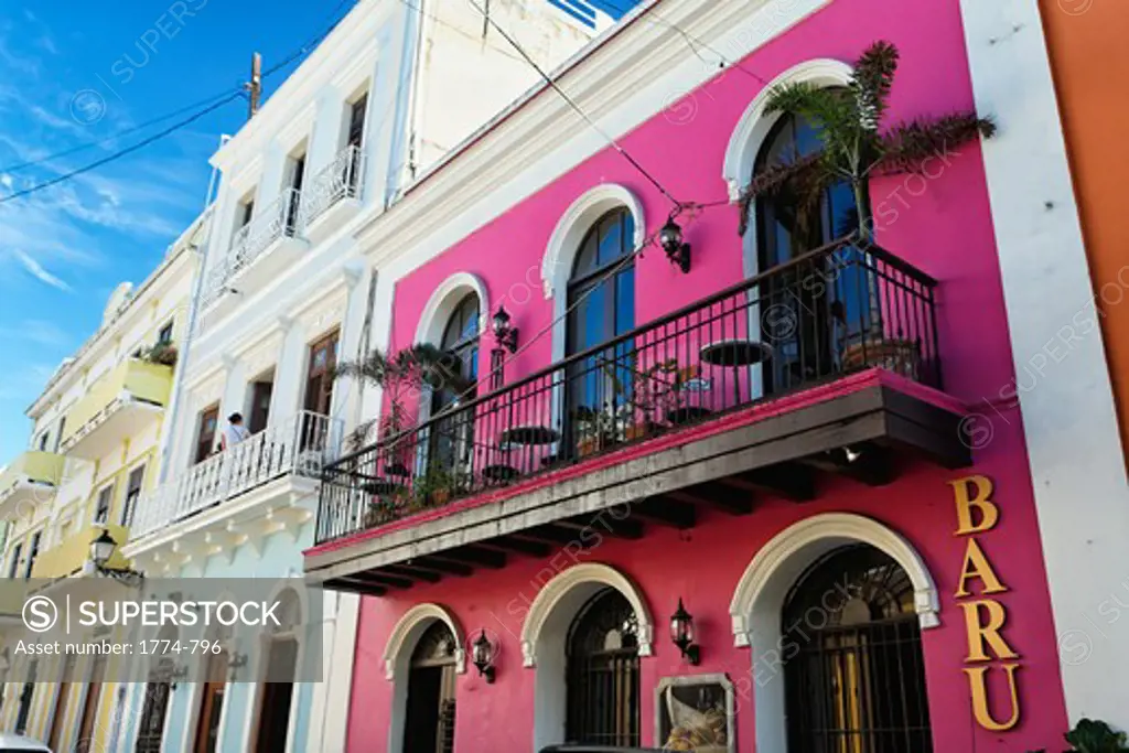 Puerto rico, Old San Juan, Low Angle View of Facade of Baru Restaurant