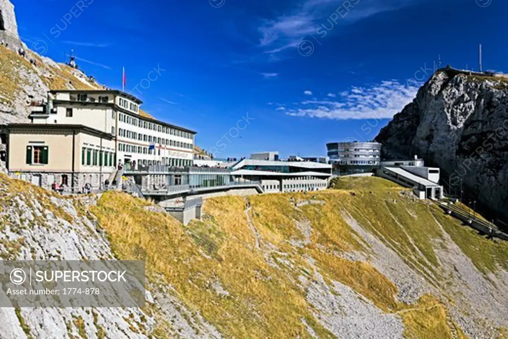 View of the Hotel Pilatus Kulm on the top of the Mt Pilatus, Obwalden, Switzerland