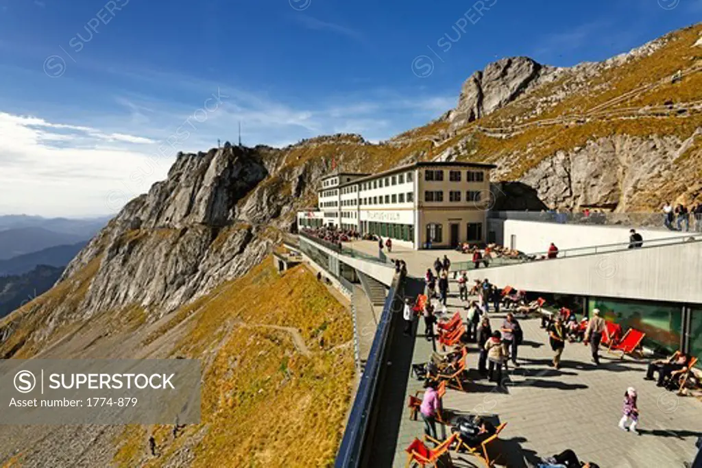 Tourists at Hotel Pilatus Kulm on the top of the Mt Pilatus, Nidwalden, Switzerland