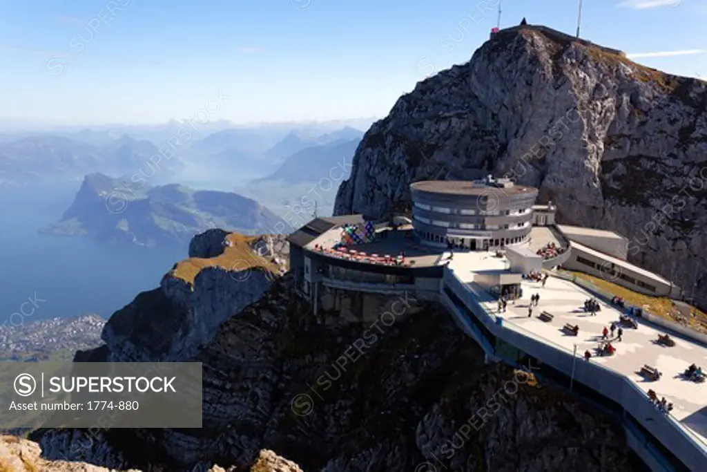 High angle view of the Hotel Bellevue on the summit of the Mt Pilatus, Switzerland
