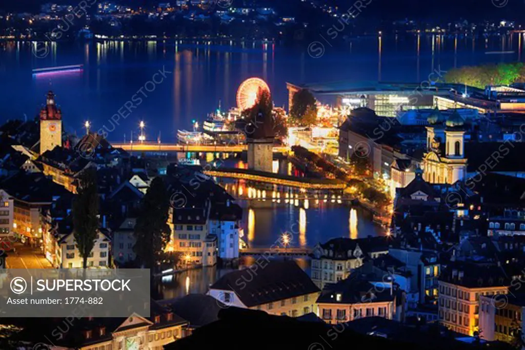 High angle view of the Old Town Lucerne at night, Switzerland