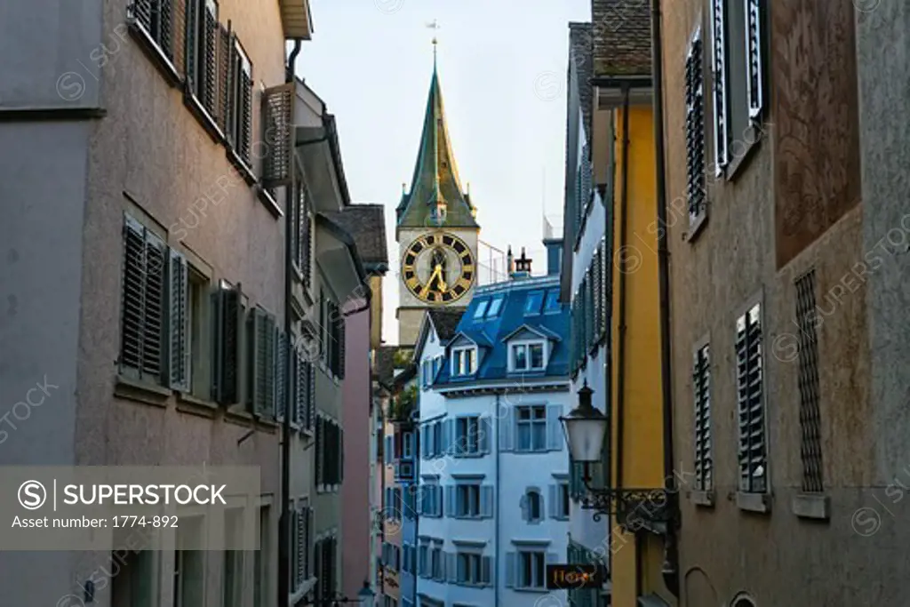 Clock tower of St. Peter's Church at Old Town Zurich, Switzerland