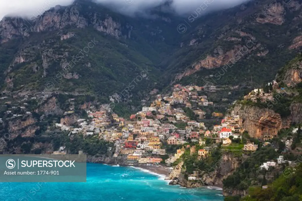 High angle view of a coastal town on the hillside, Positano, Campania, Italy