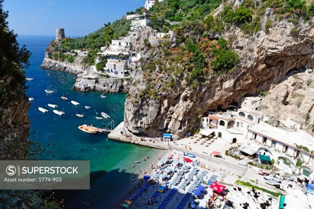 High angle view of a small beach at the Amalfi Coast, Praiano, Campania, Italy