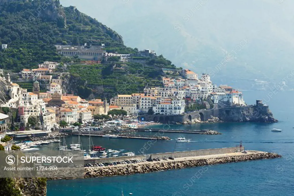 Harbor with town at waterfront, Amalfi, Campania, Italy