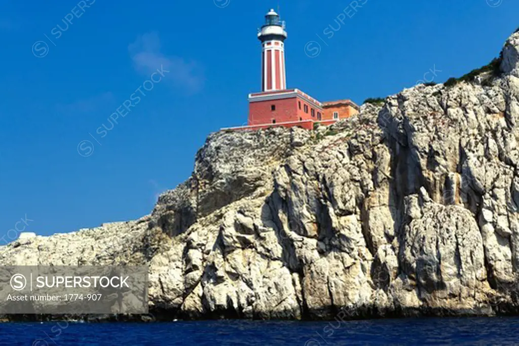 Low angle view of the Punta Carena Lighthouse, Anacapri, Capri, Campania, Italy