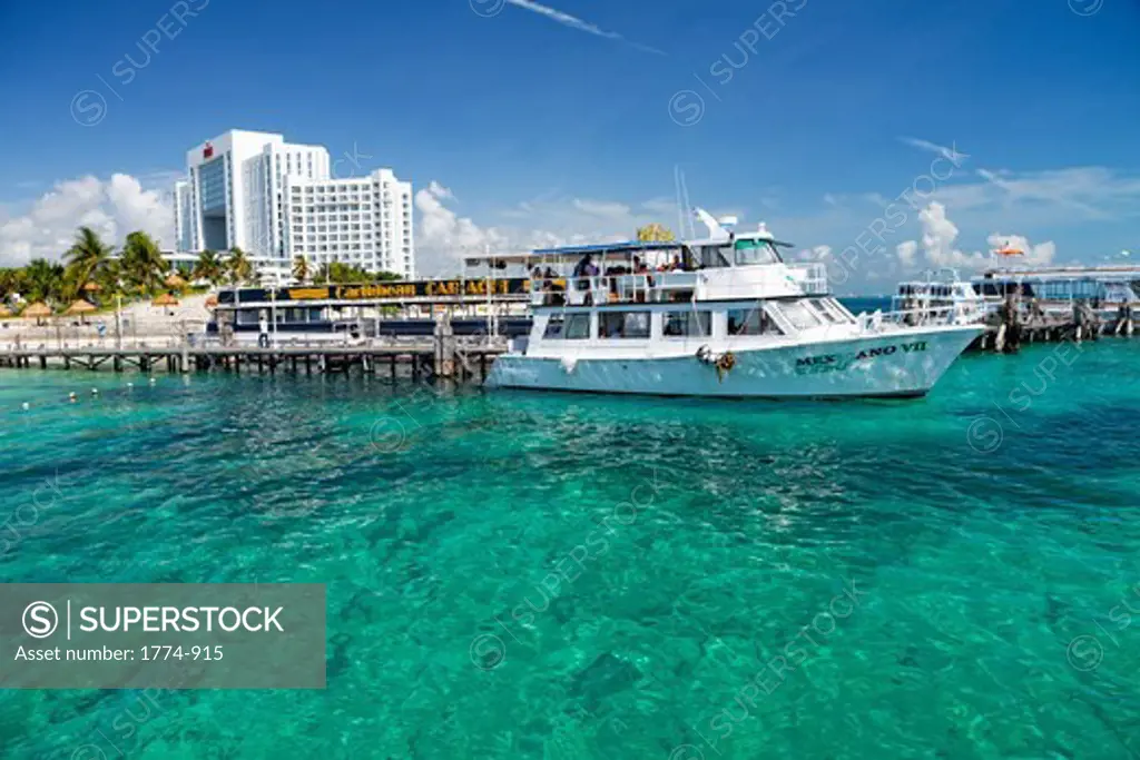 Ferry at a terminal, Playa Tortuga, Cancun, Quintana Roo, Yucatan Peninsula, Mexico