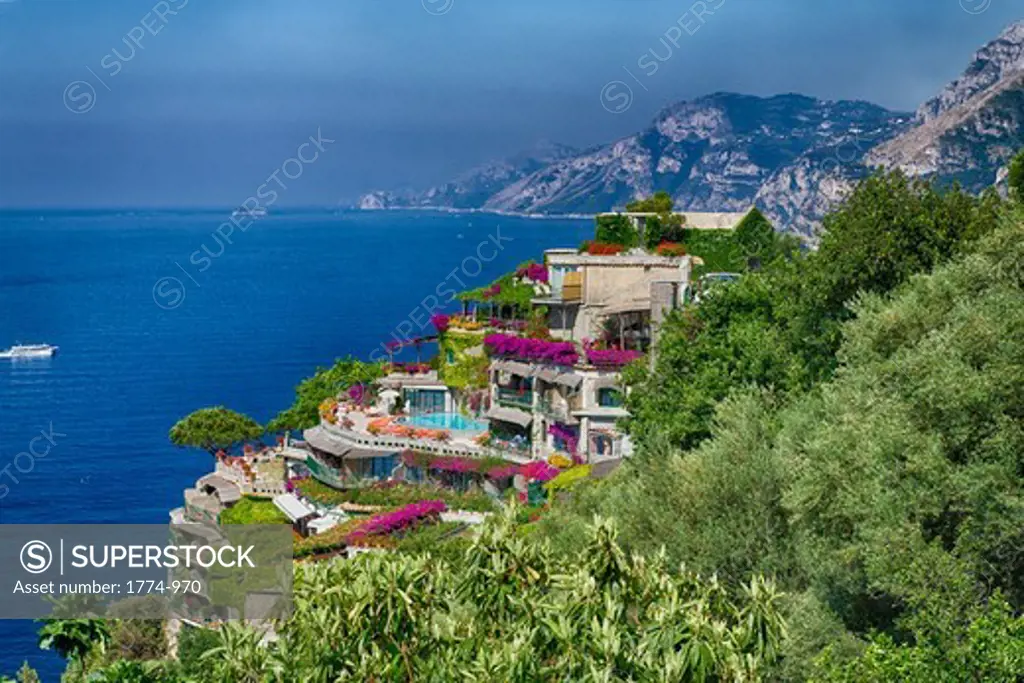Italy, Campania, Positano, High angle view of luxury hotel IL San Pietro