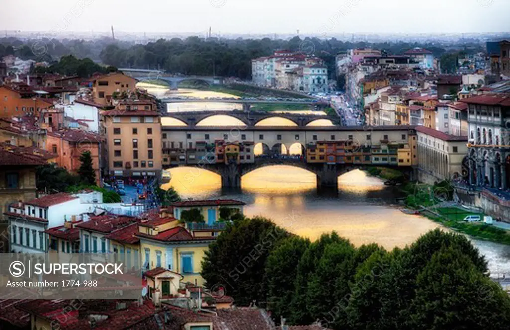 Italy, Tuscany, Florence, High angle view of bridges over Arno River