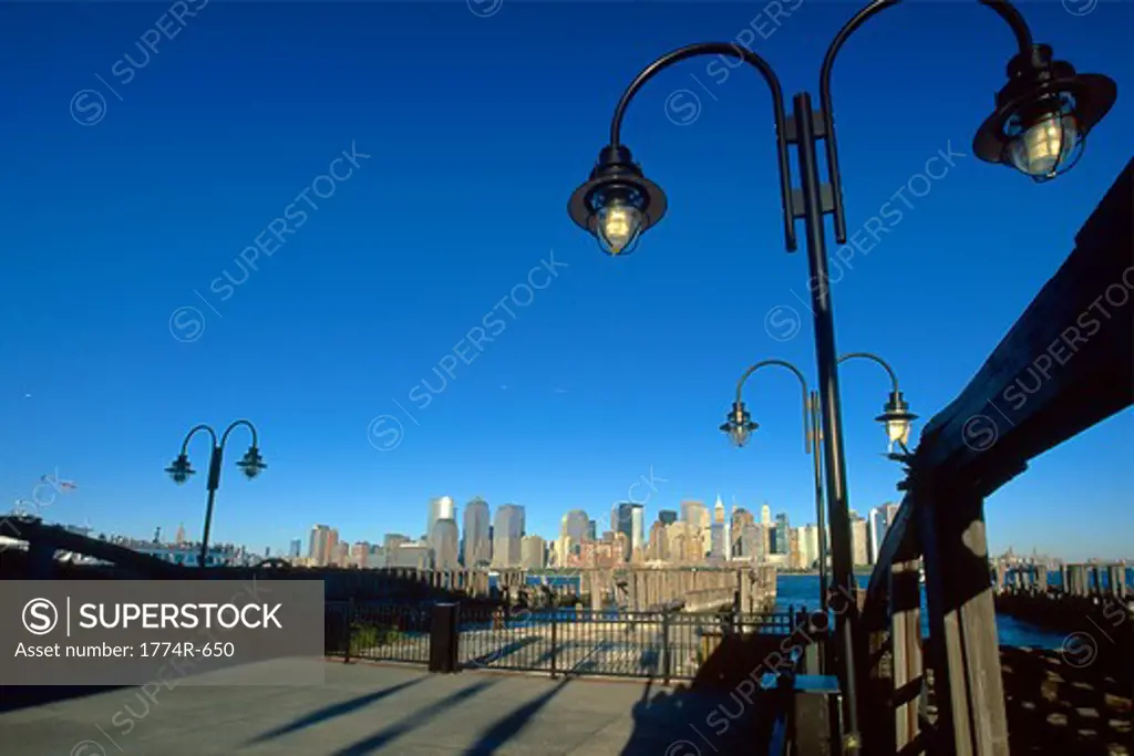 USA, New Jersey, Jersey City, Ferry Piers of Liberty State Park with Manhattan's skyline in distance