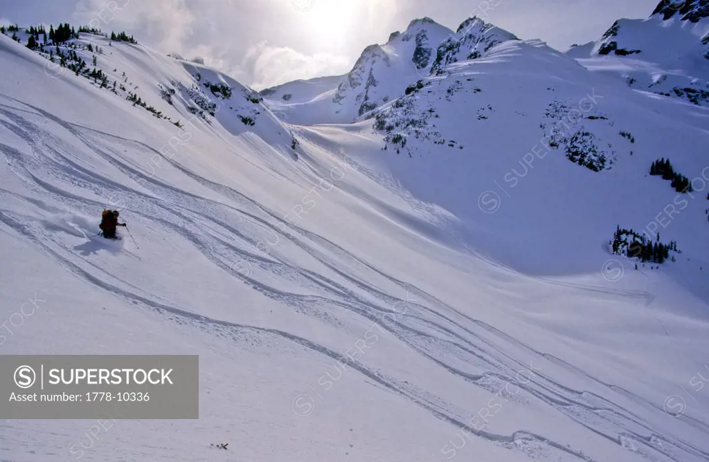 Man telemark skis backcountry powder in British Columbia near Whistler