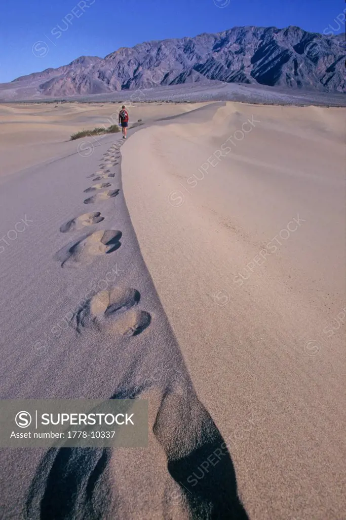 Man walks amidst sand dunes in Death Valley National Park
