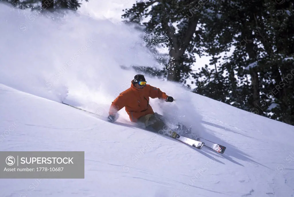 A man skiing and spraying snow in the mountains