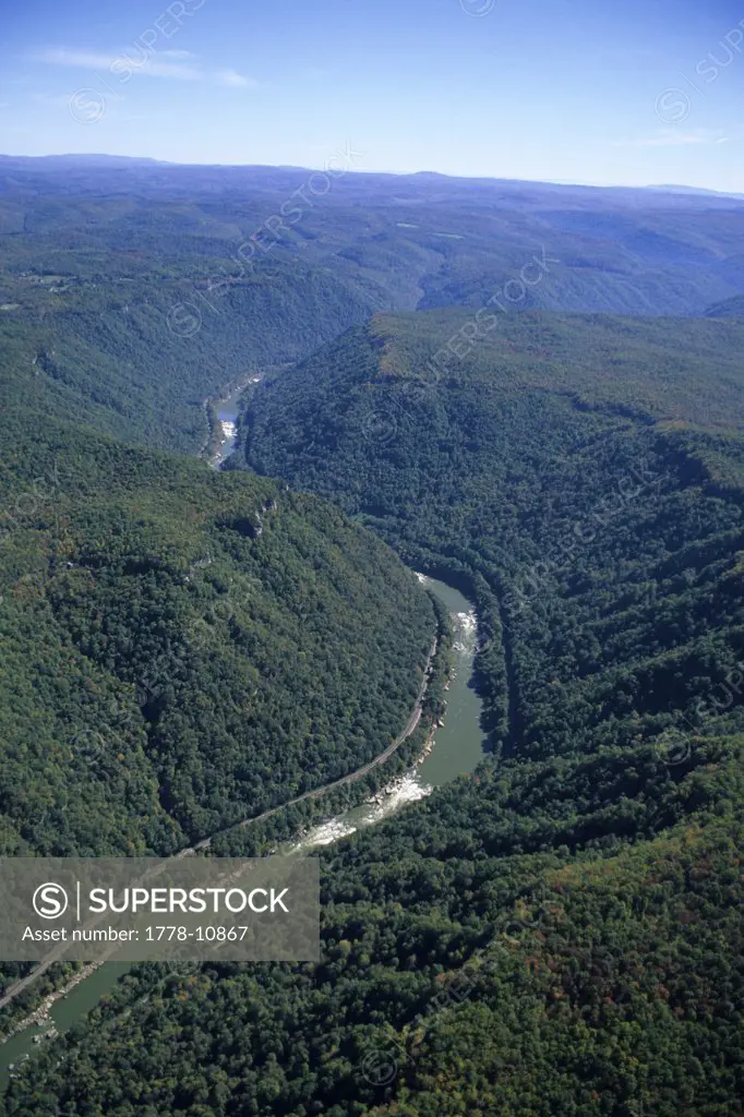 An aerial photo looking upstream