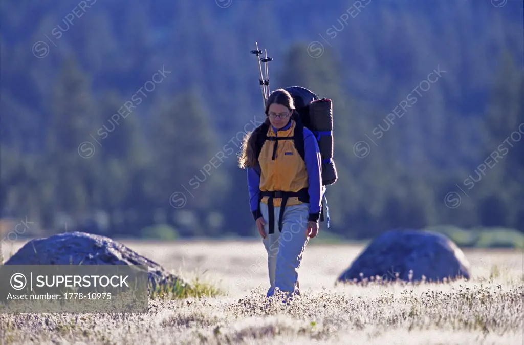 A woman trekking through a dry meadow