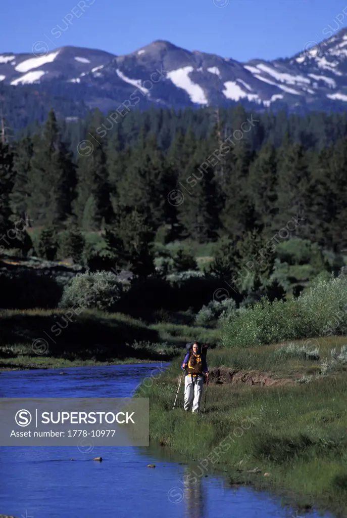 A woman trekking through an alpine meadow next to a river