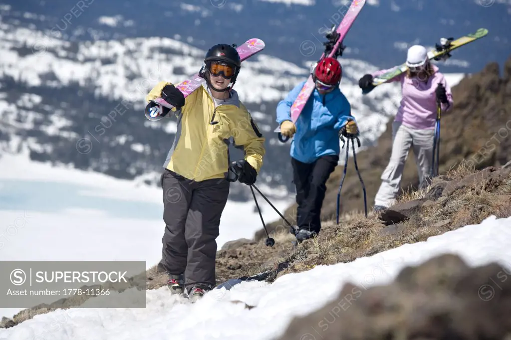 Group of skiers hiking at Kirkwood resort near Lake Tahoe, CA
