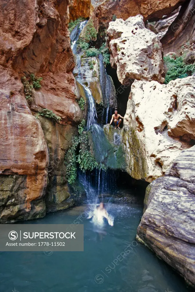 person jumping into pool in lush desert canyon, Grand Canyon, Arizona