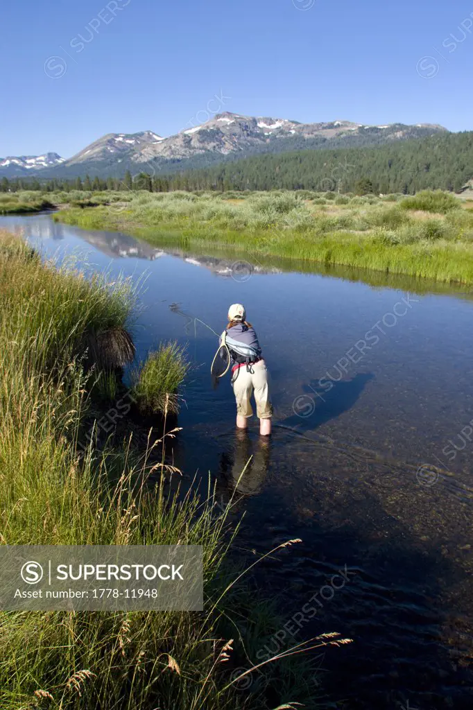 Young woman fly fishing the West Fork of the Carson River in Hope Valley Lake Tahoe, California