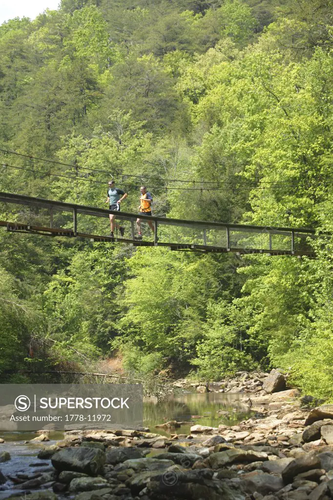 Two male runners cross a cable bridge in a lush forest ner Chattanooga, TN