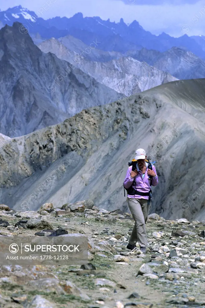 Woman trekking near Nimaling, Marka Valley, Ladakh, India