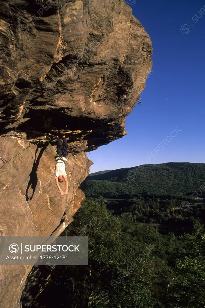 Male rock climber at Rumney, New Hampshire