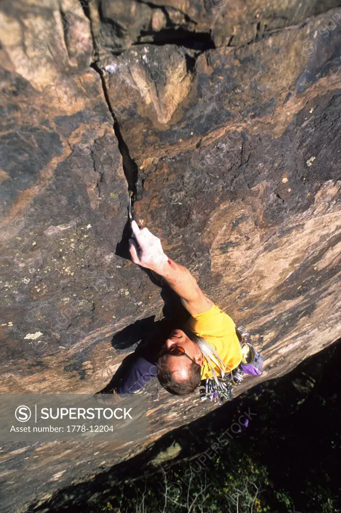 Male rock climber at the New River Gorge, West Virginia