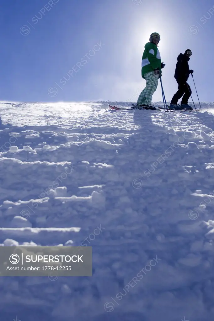 Two people skiing at Kirkwood, California