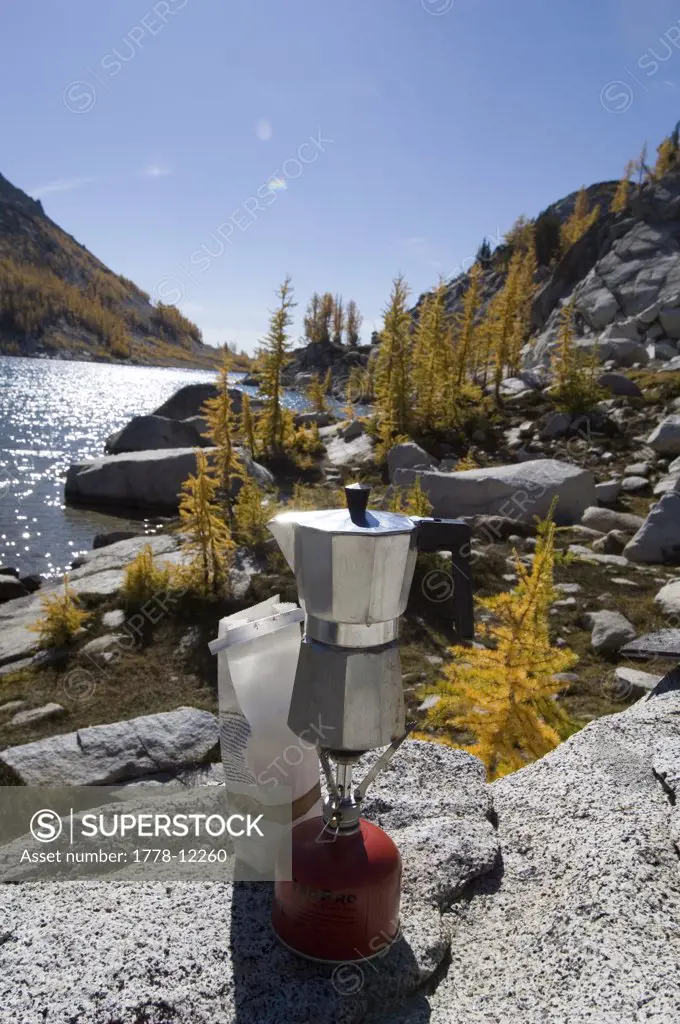 Espresso coffee pot on gas stove near Perfection Lake in Washington State's Alpine Lakes Wilderness Enchantments area