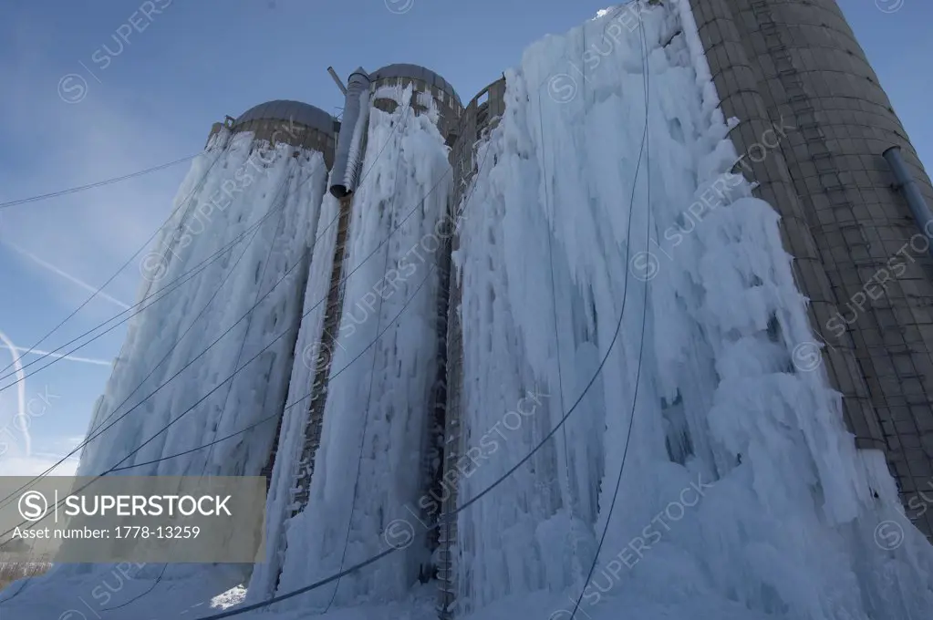 Ice Climbing on farm silos in Iowa