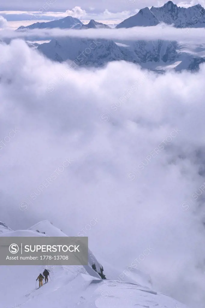 Ski-mountaineer on the high road of Zinal, Wallis, Switzerland