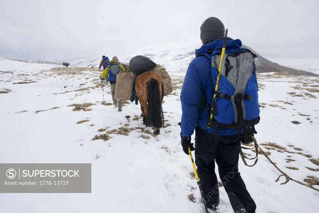 Hikers leading their horses in Mongolia