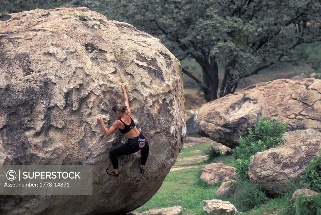 Woman bouldering on a round boulder