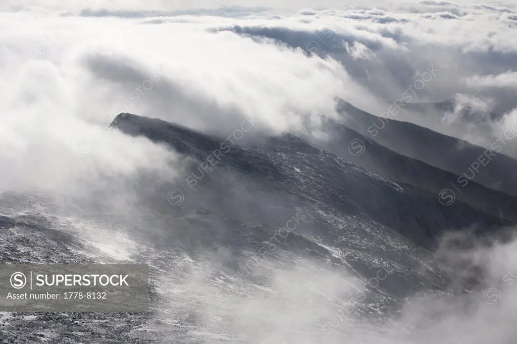 High angle view of the rocky slopes on Mt Washington in the White Mountains of New Hampshire, covered by thick clouds
