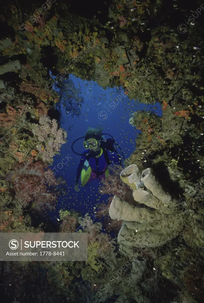 Female scuba diver on shipwreck, Micronesia
