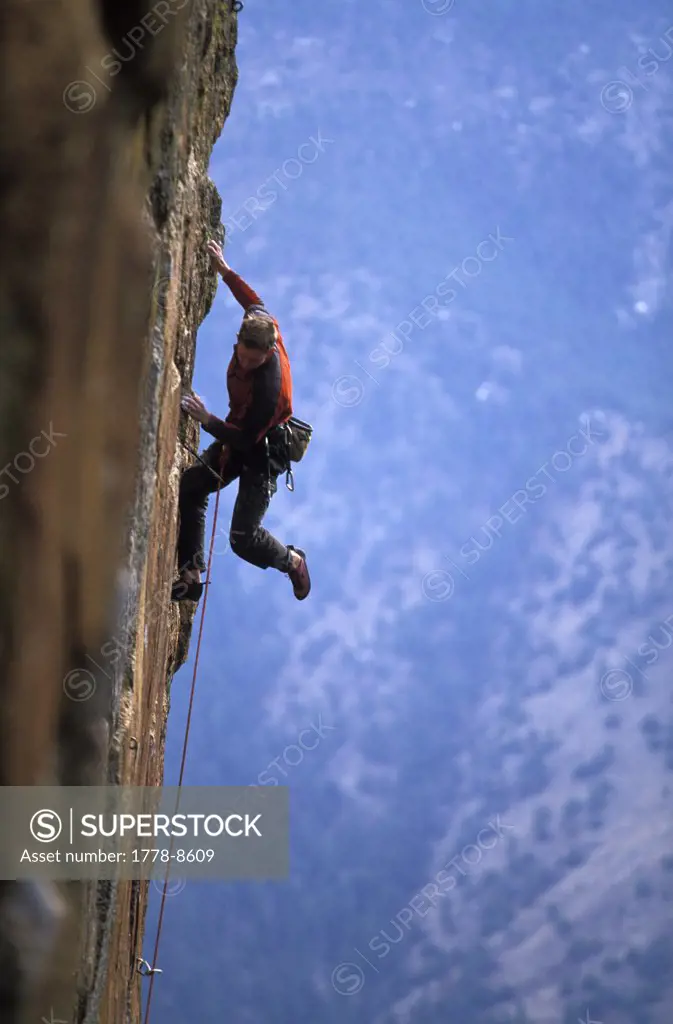 Man rock climbing at the Monastery near Estes Park, Colorado