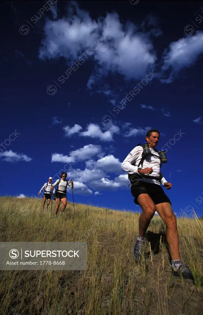 Three men and one woman run down hill while training for the next adventure race  Sun Valley, Idaho