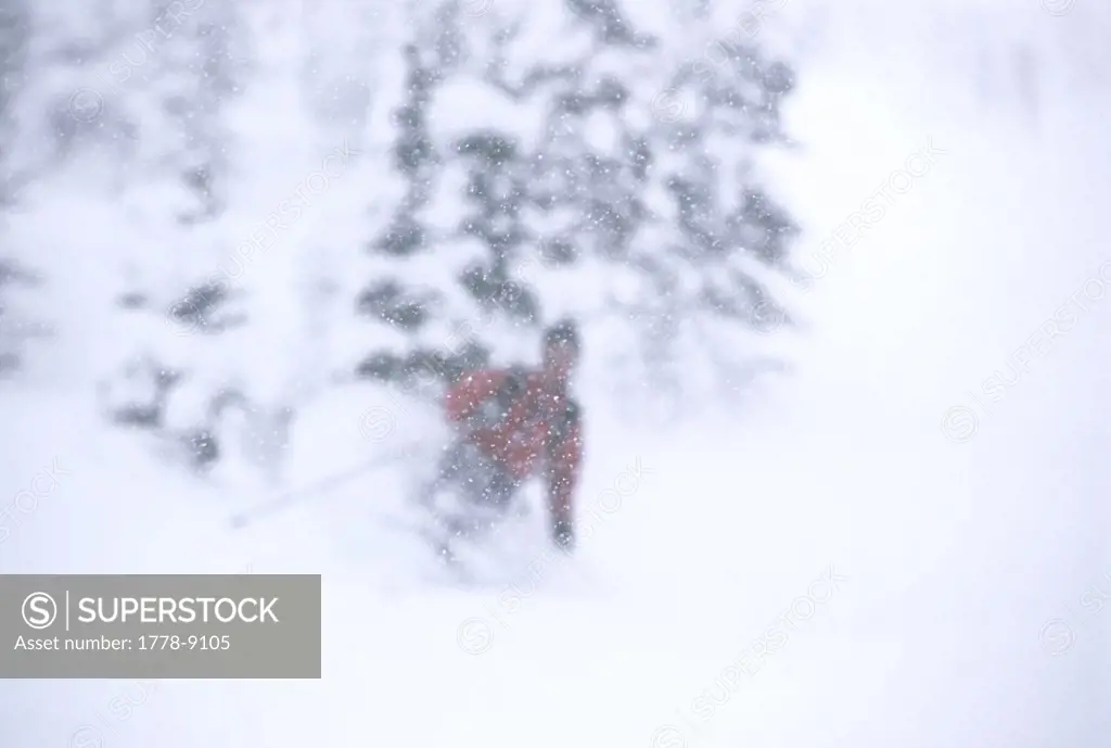 A skier floats through powder snow on Teton Pass, Jackson Hole, Wyoming (selective focus)
