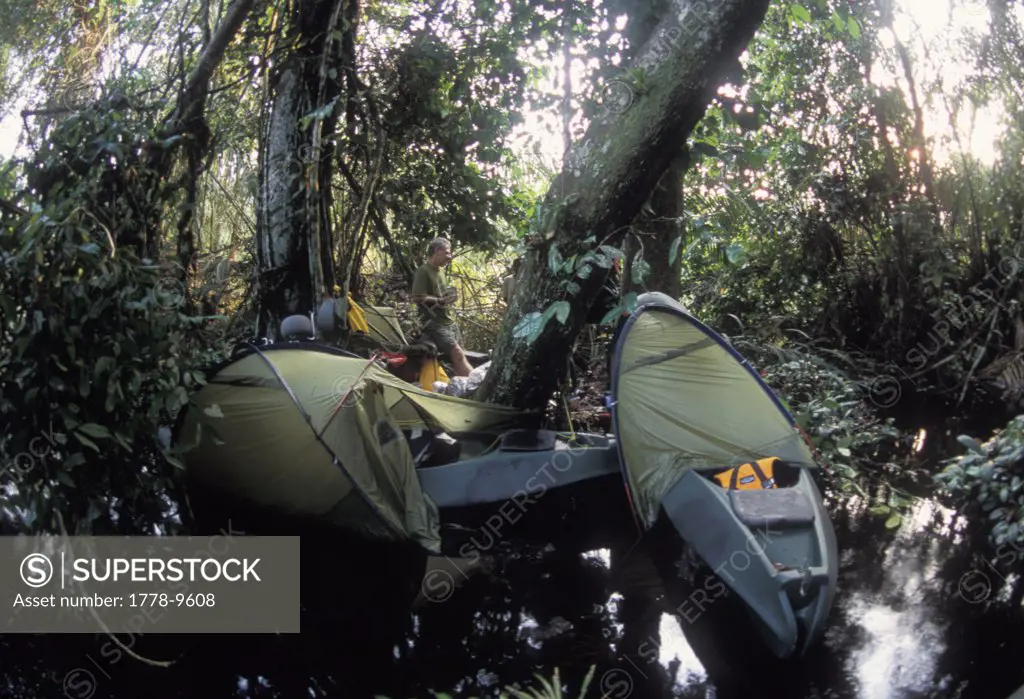 A man camps in swamp in Loango National Park, Gabon