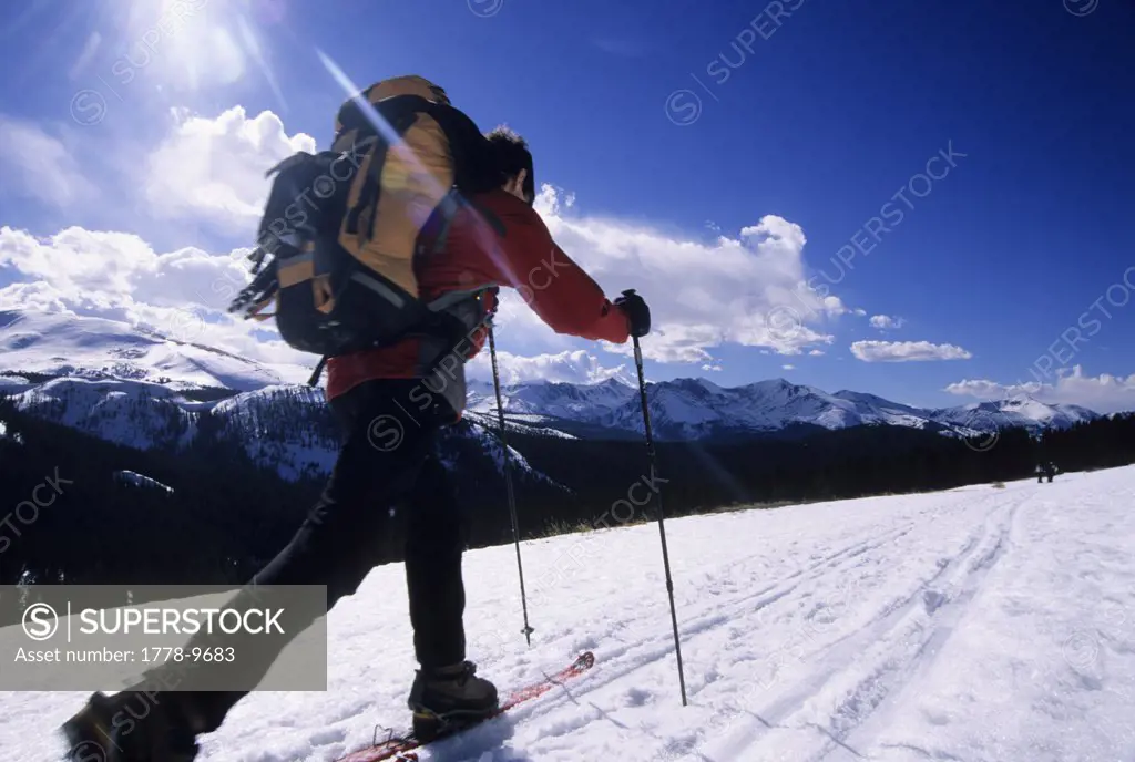 A man skis in the mountain backcountry outside of Breckenridge, Colorado
