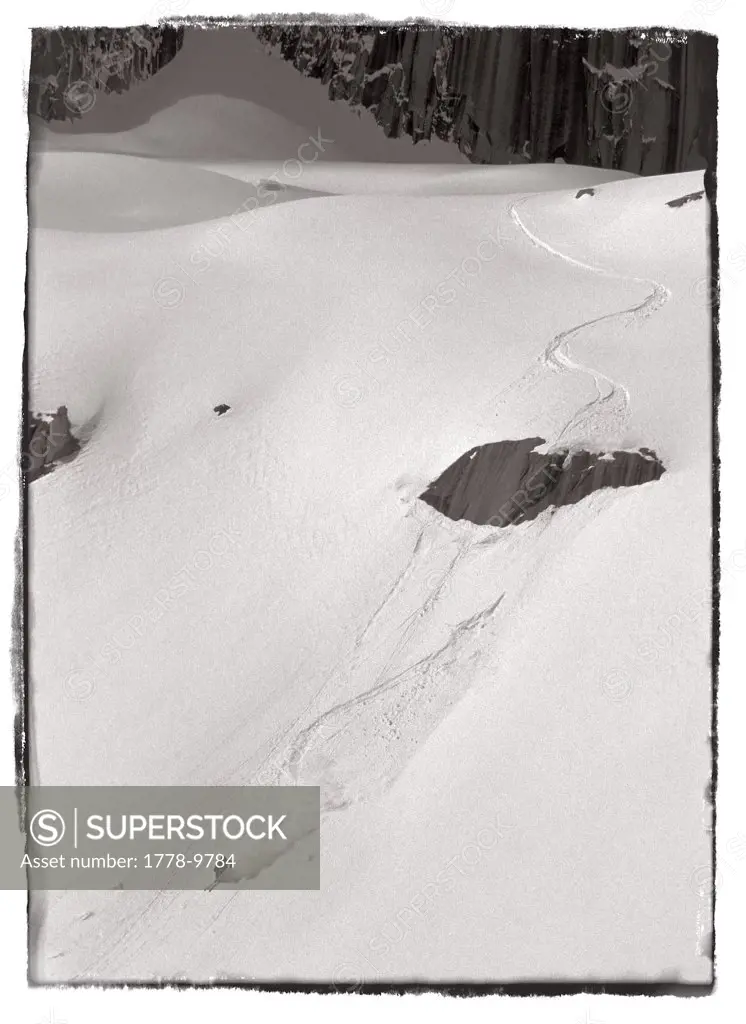 Backcountry skier skiing in untracked powder in Bugaboos, BC, Canada (sepia-toned black & white with edge effect)