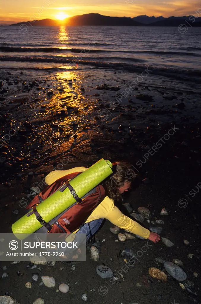 Woman beachcombing at shoreline at sunset in Vancouver, British Columbia
