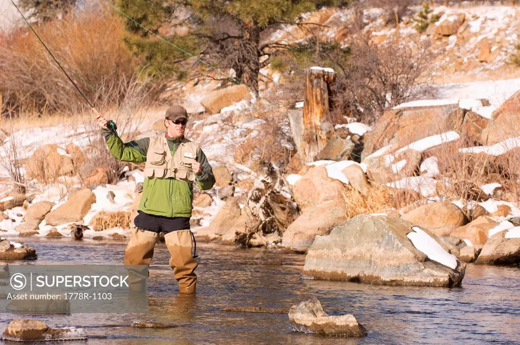 Man winter fly fishing in Colorado.