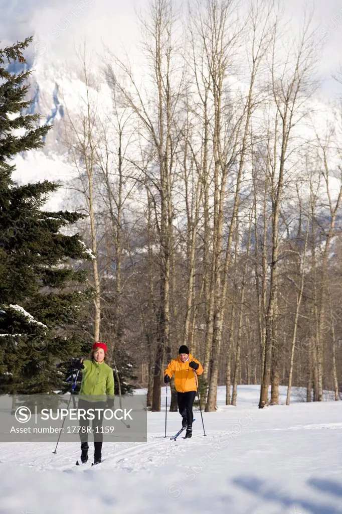 Couple cross_country skiing on groomed ski trails.