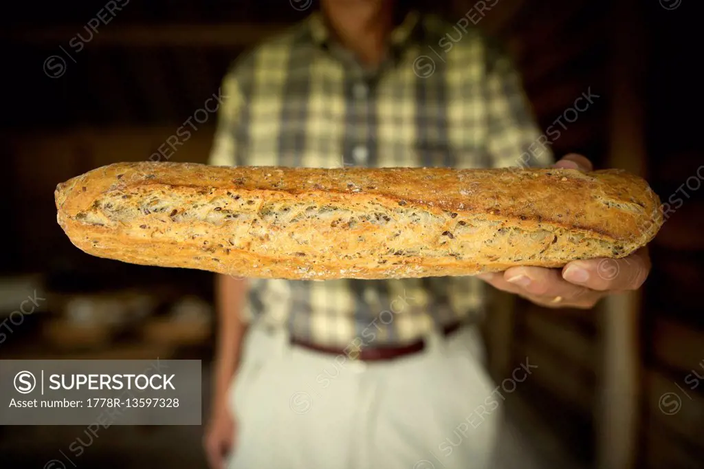 A loaf of fresh bread (pain) is held up at a picnic lunch in France.