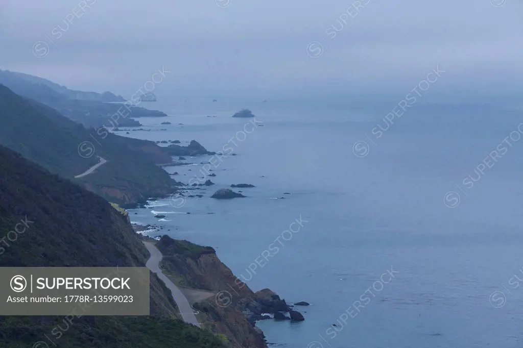 The steep, rocky Coastal Highway 1 along California's Pacific Coast.