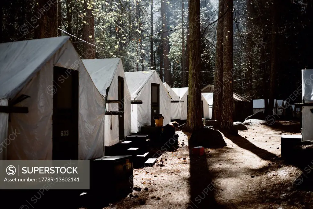 Tents Cabins In Curry Village At Yosemite National Park, California
