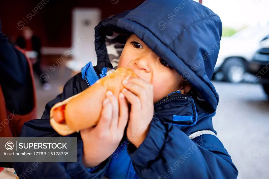 A 4 year old Japanese American boy eats a hot dog.